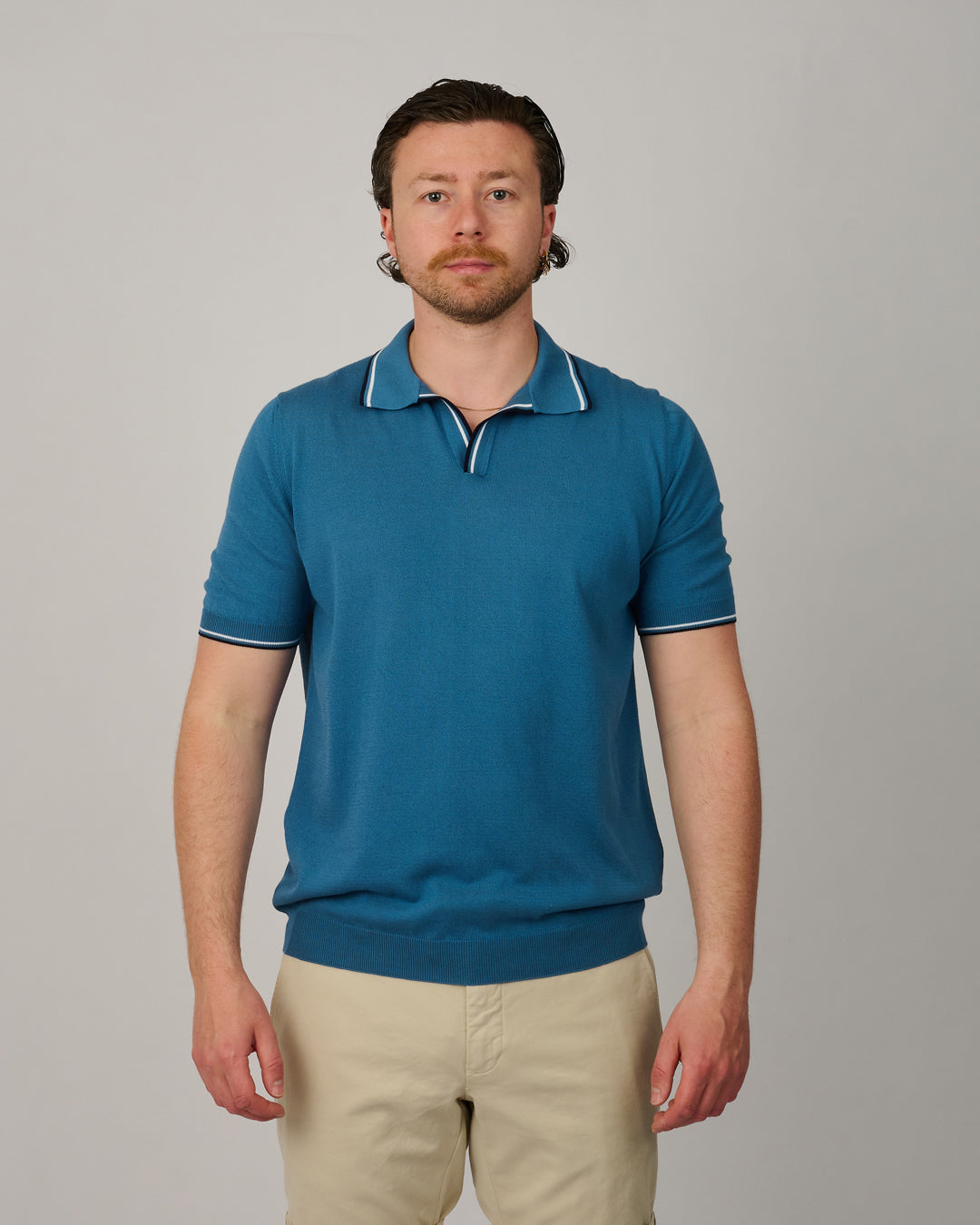 Dusty Blue Knitted Cotton Collar Striped Skipper Polo