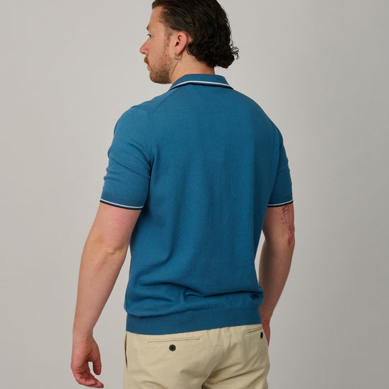Dusty Blue Knitted Cotton Collar Striped Skipper Polo