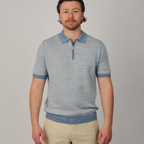 Frost Blue Striped Knitted Zip Polo