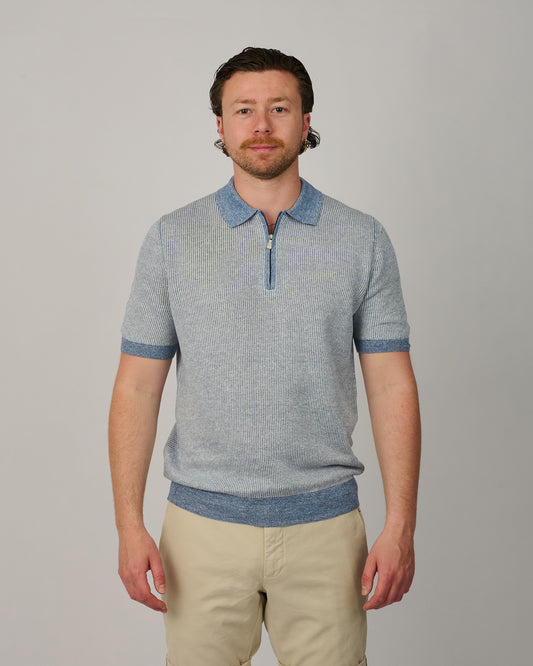 Frost Blue Striped Knitted Zip Polo