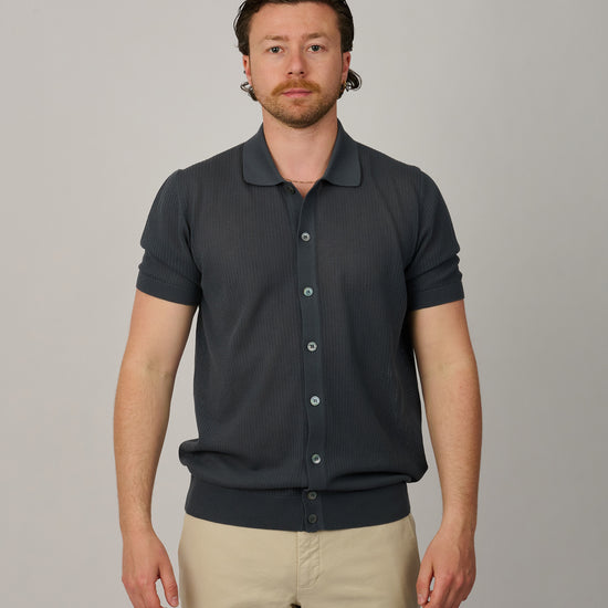 Graphite Grey Button Through Knitted Polo