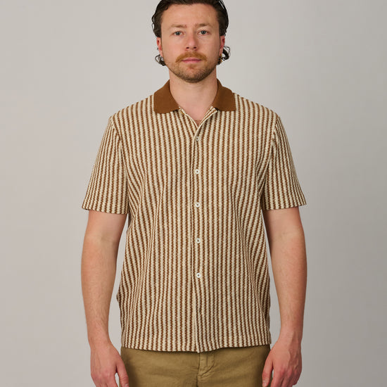 Brown Beige Stripe Button Through Knitted Polo