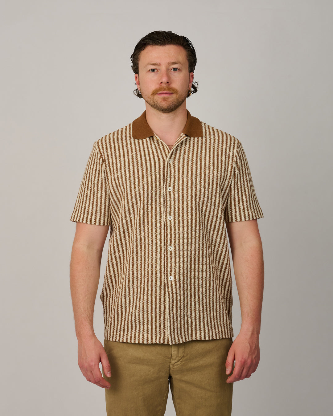 Brown Beige Stripe Button Through Knitted Polo