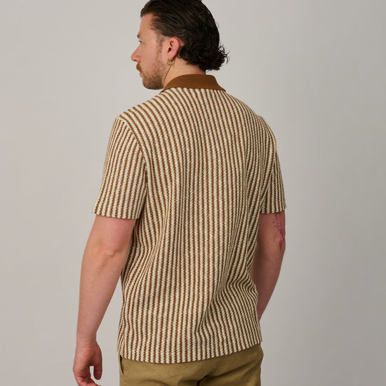 Brown Beige Stripe Button Through Knitted Polo