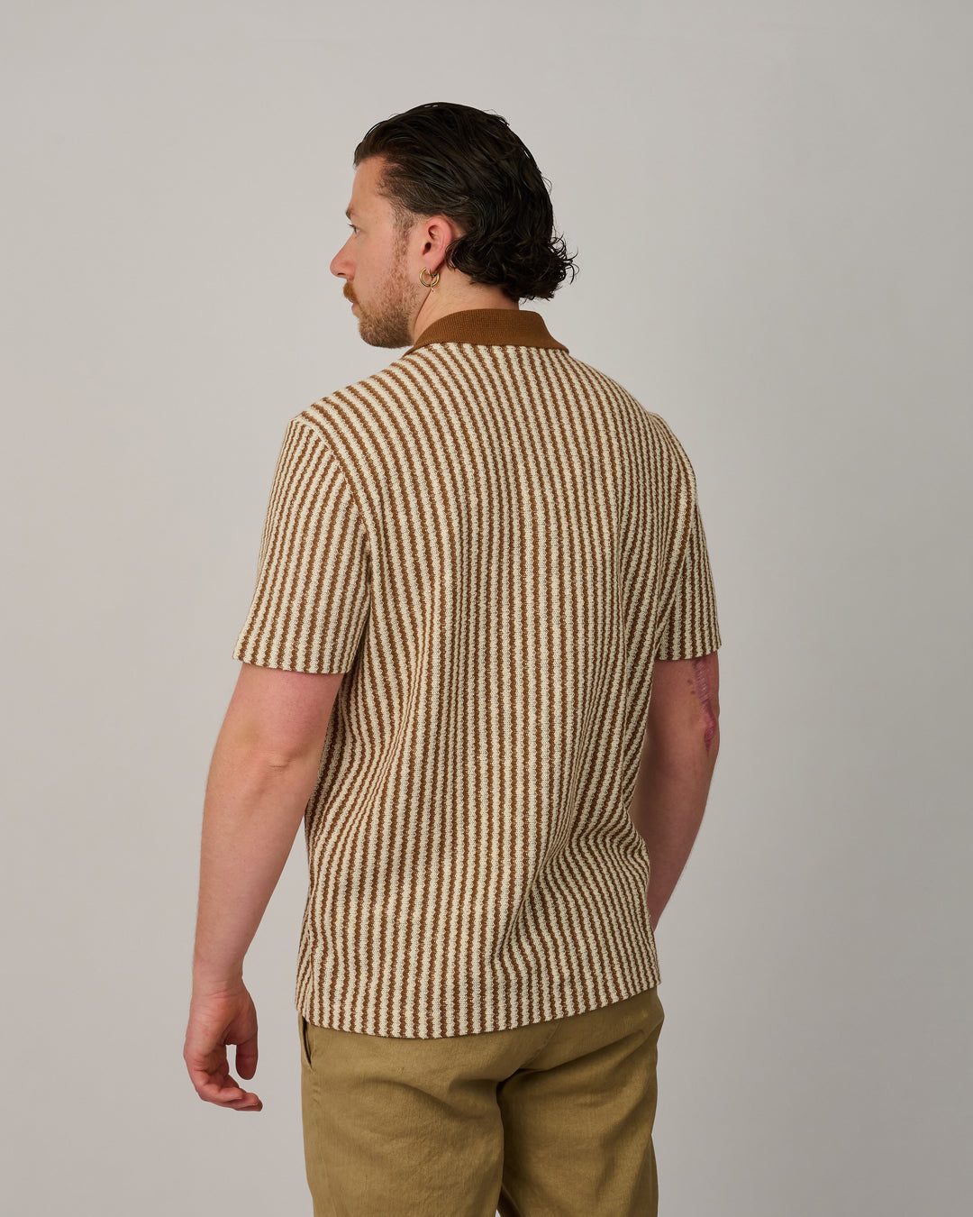 Brown Beige Stripe Button Through Knitted Polo