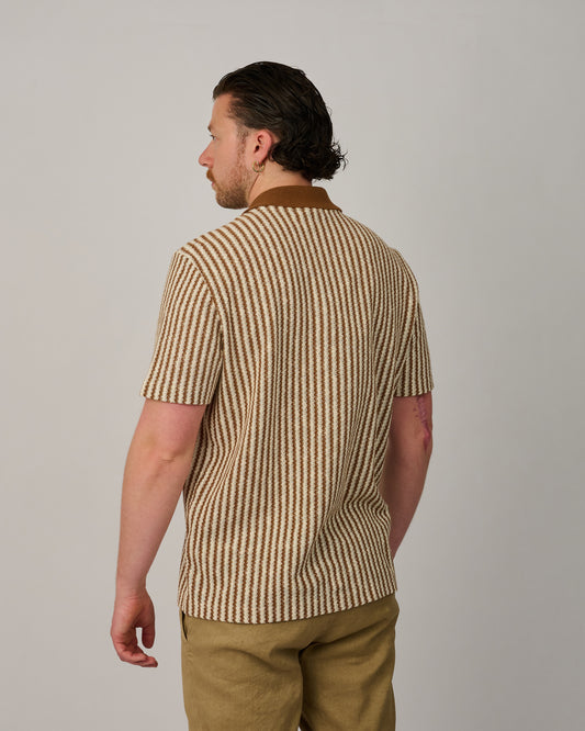Brown Beige Stripe Button Through Knitted Polo
