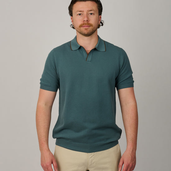 Blue Honeycomb Knitted Cotton Skipper Polo