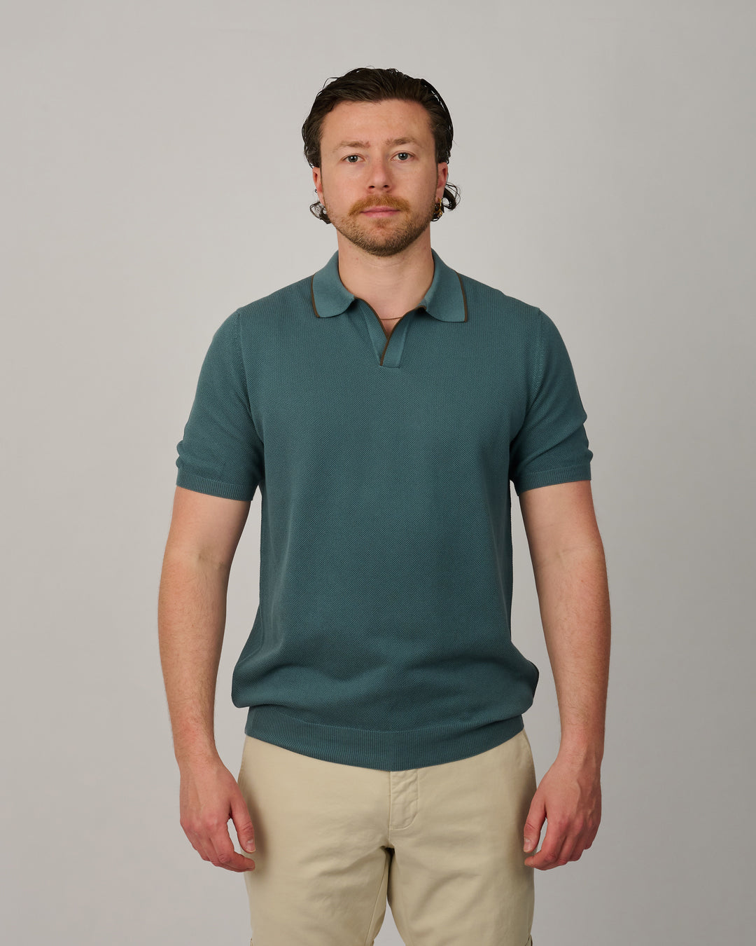 Blue Honeycomb Knitted Cotton Skipper Polo