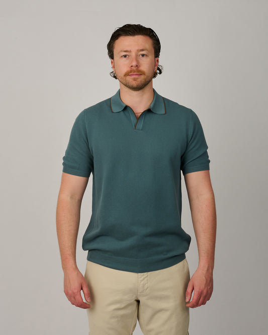 Blue Honeycomb Knitted Cotton Skipper Polo