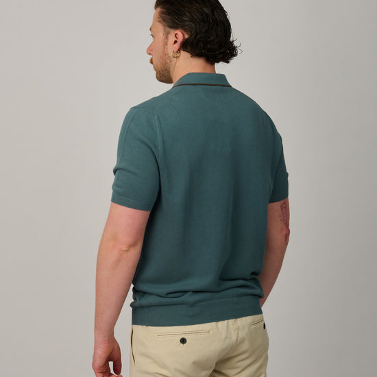 Blue Honeycomb Knitted Cotton Skipper Polo