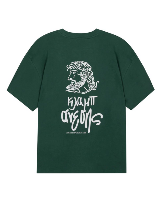 Green t-shirt with white graphic design on a white background