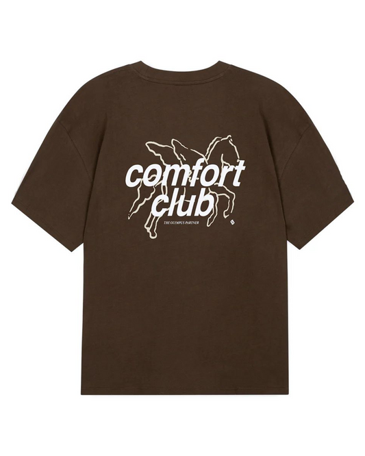 Brown t-shirt with 'comfort club' text and graphic on a white background