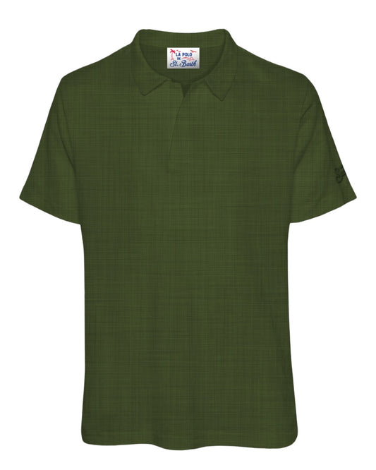 Military green linen buttonless polo shirt Fraser