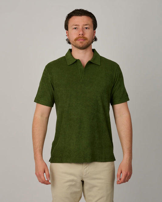 Jeremy military green terry buttonless polo shirt