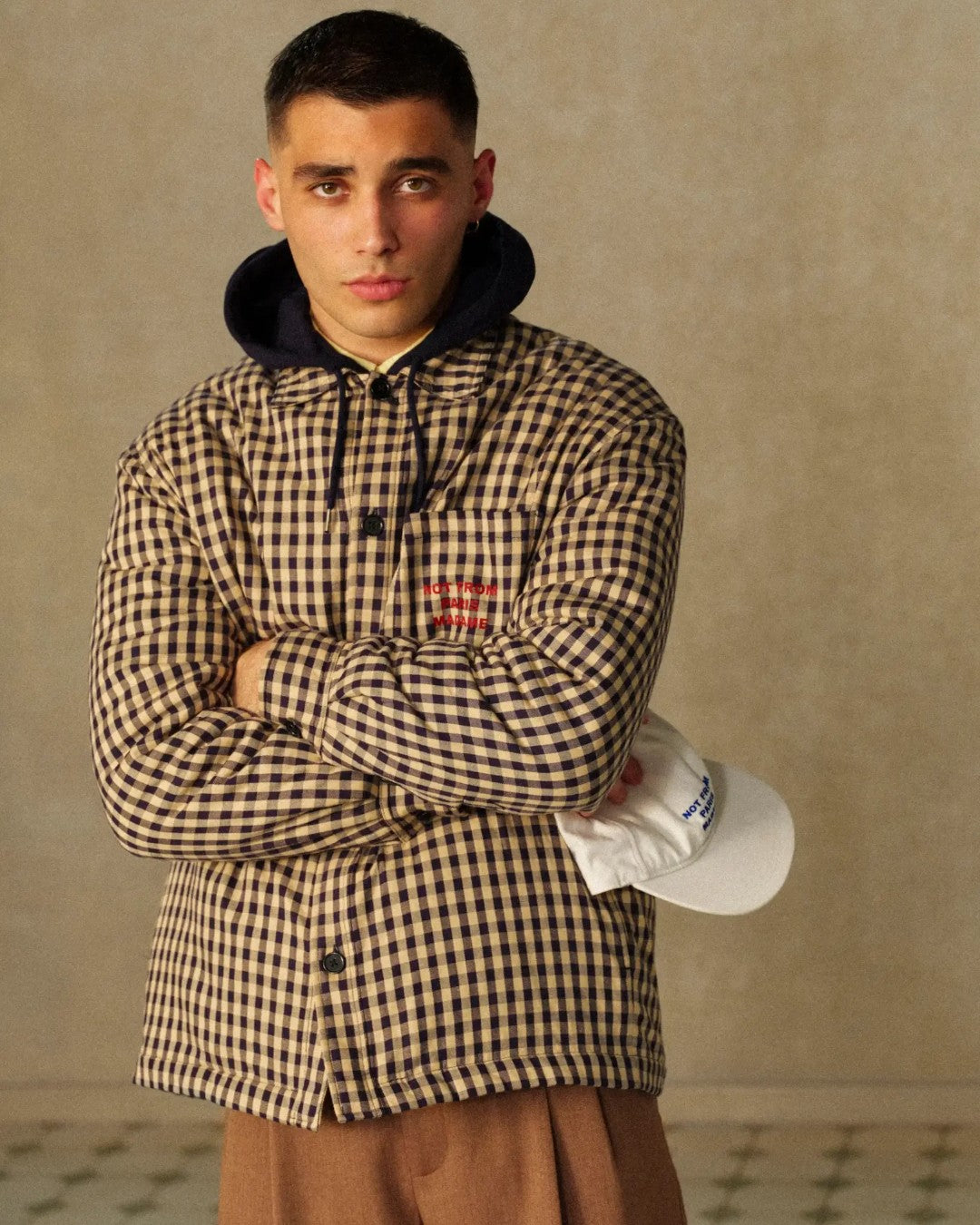 Check Overshirt with Slogan Beige