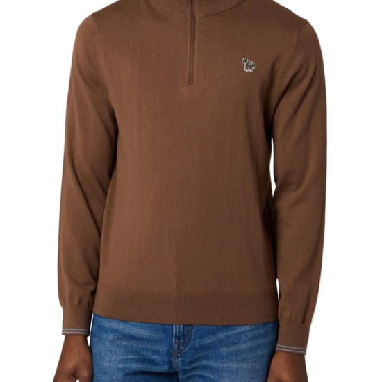 Zebra Badge Zip Neck Pullover Brown