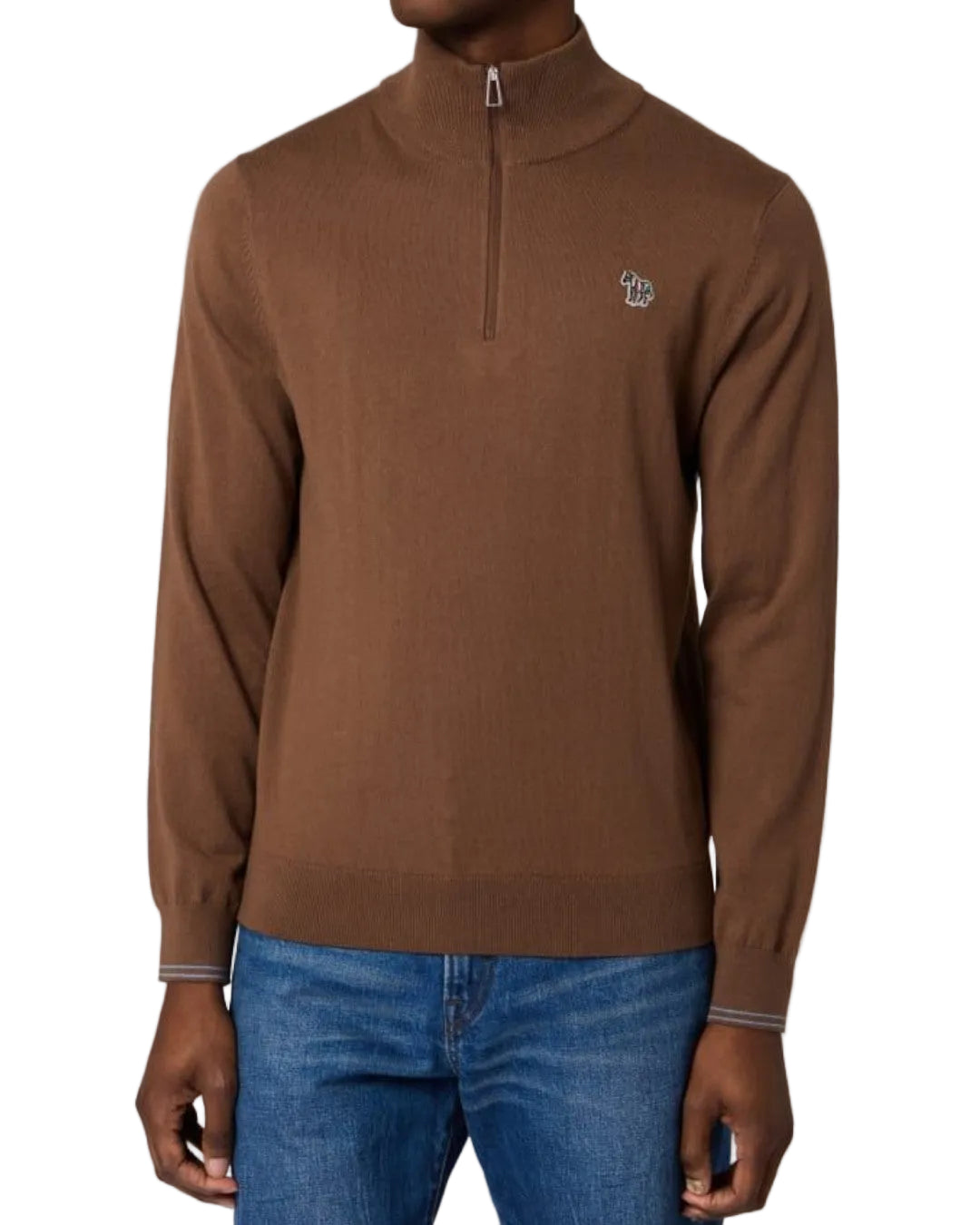 Zebra Badge Zip Neck Pullover Brown