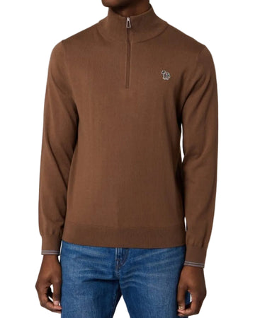 Zebra Badge Zip Neck Pullover Brown