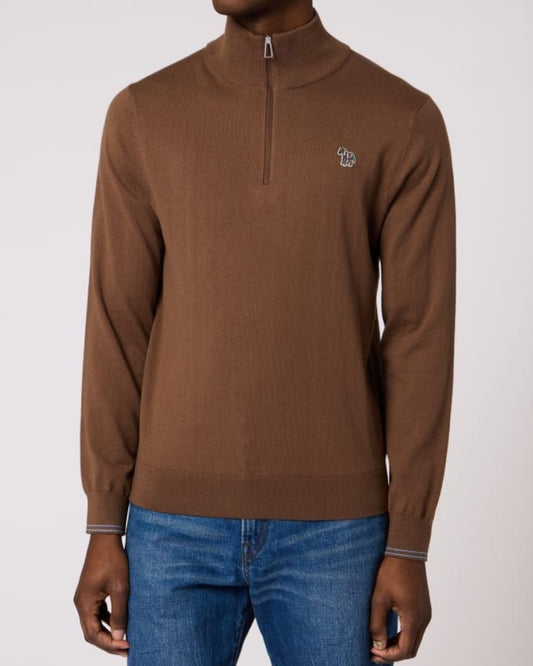 Zebra Badge Zip Neck Pullover Brown