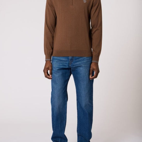 Zebra Badge Zip Neck Pullover Brown