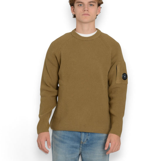 Waffle Knit Cotton Crewneck Lens Sweater camel