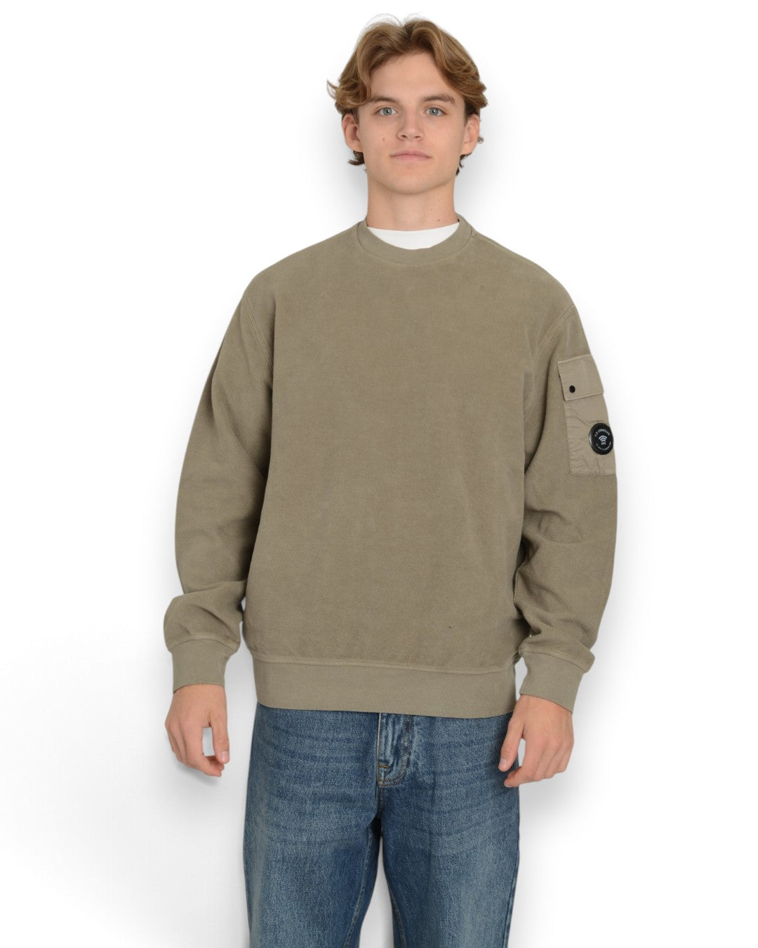 Brushed Emerized Diagonal Fleece Crew Neck Sweater