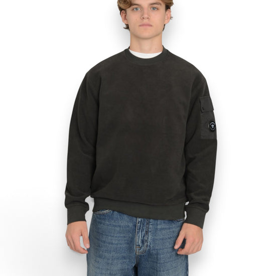 Brushed Emerized Diagonal Fleece Crew Neck Sweater Black