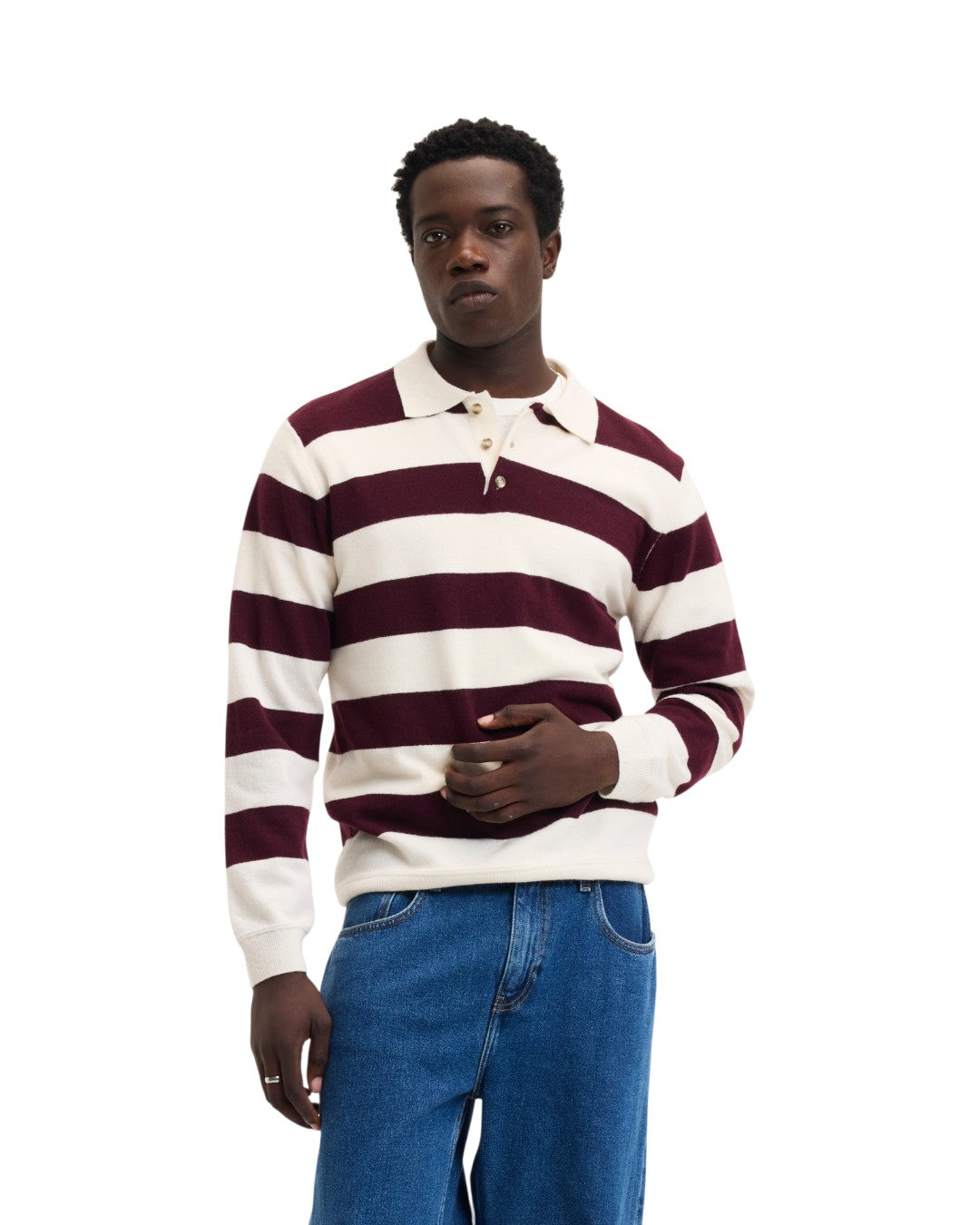 Ken Button Knit Wool Blend Polo Collar Pullover Bordeaux