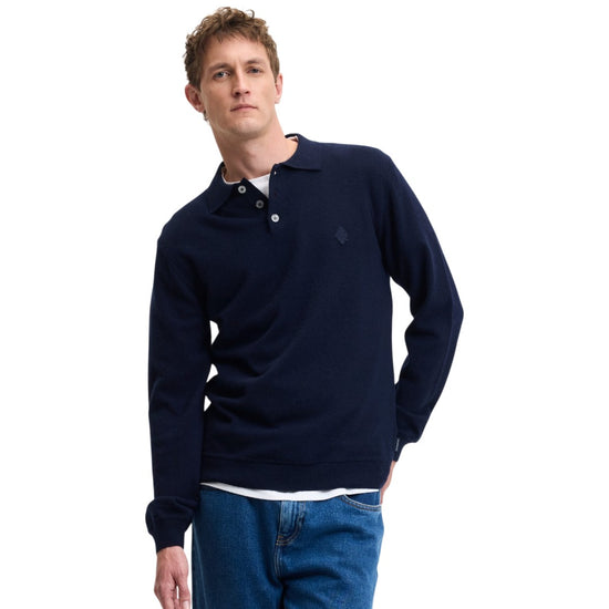 Ken Button Knit Wool Blend Polo Collar Pullover Navy