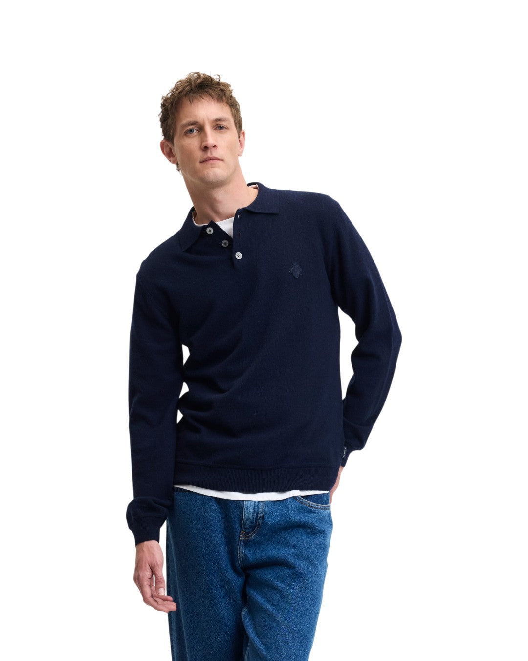 Ken Button Knit Wool Blend Polo Collar Pullover Navy