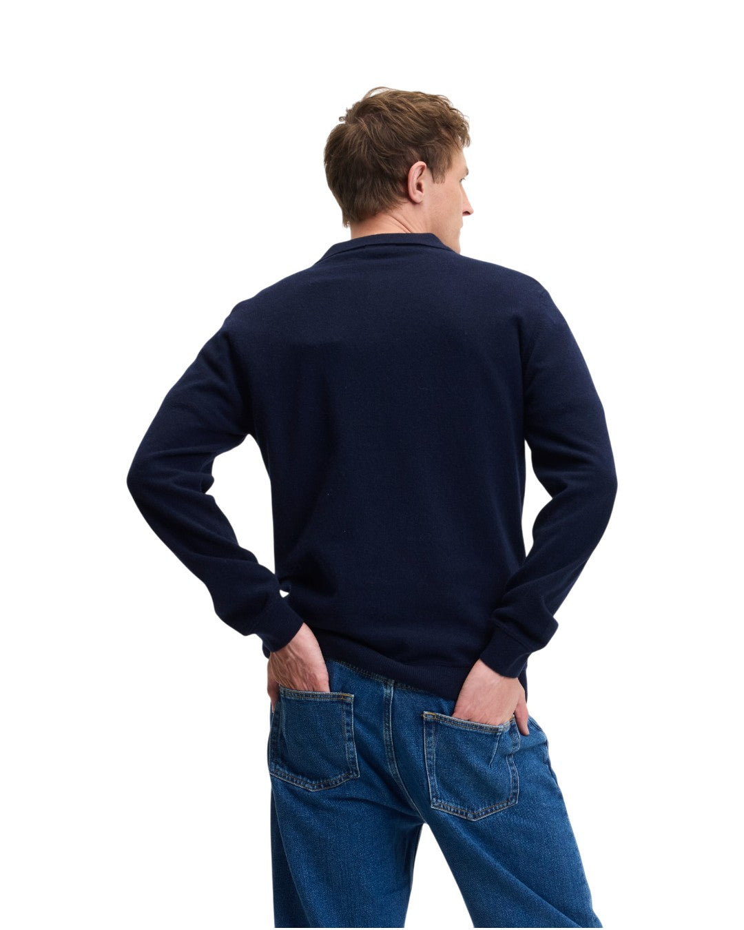 Ken Button Knit Wool Blend Polo Collar Pullover Navy