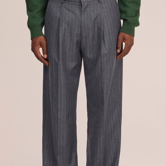 Kay Twill Flannel Relaxed Fit Pleated Trousers Grey Stripe