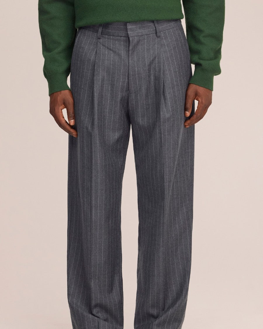 Kay Twill Flannel Relaxed Fit Pleated Trousers Grey Stripe