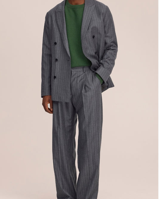Kay Twill Flannel Relaxed Fit Pleated Trousers Grey Stripe