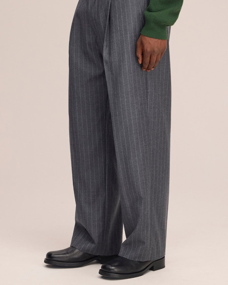 Kay Twill Flannel Relaxed Fit Pleated Trousers Grey Stripe