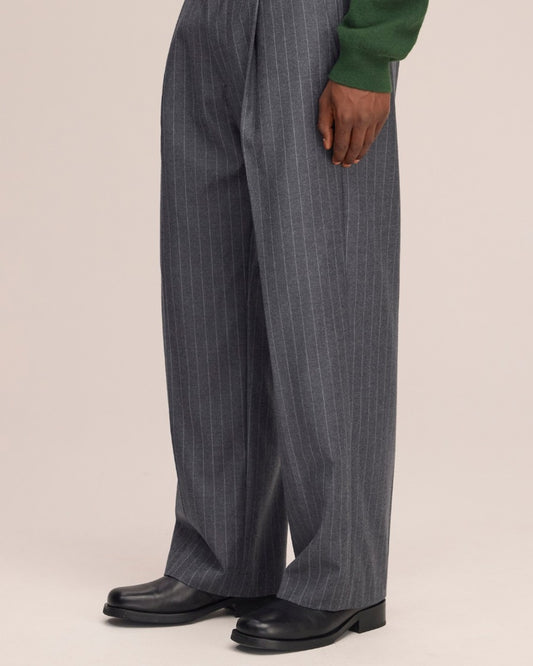 Kay Twill Flannel Relaxed Fit Pleated Trousers Grey Stripe