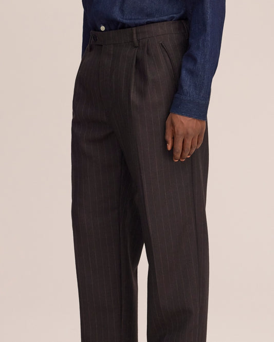 Robin Twill Relaxed Fit Double Pleated Pinstripe Trousers Brown Stripe
