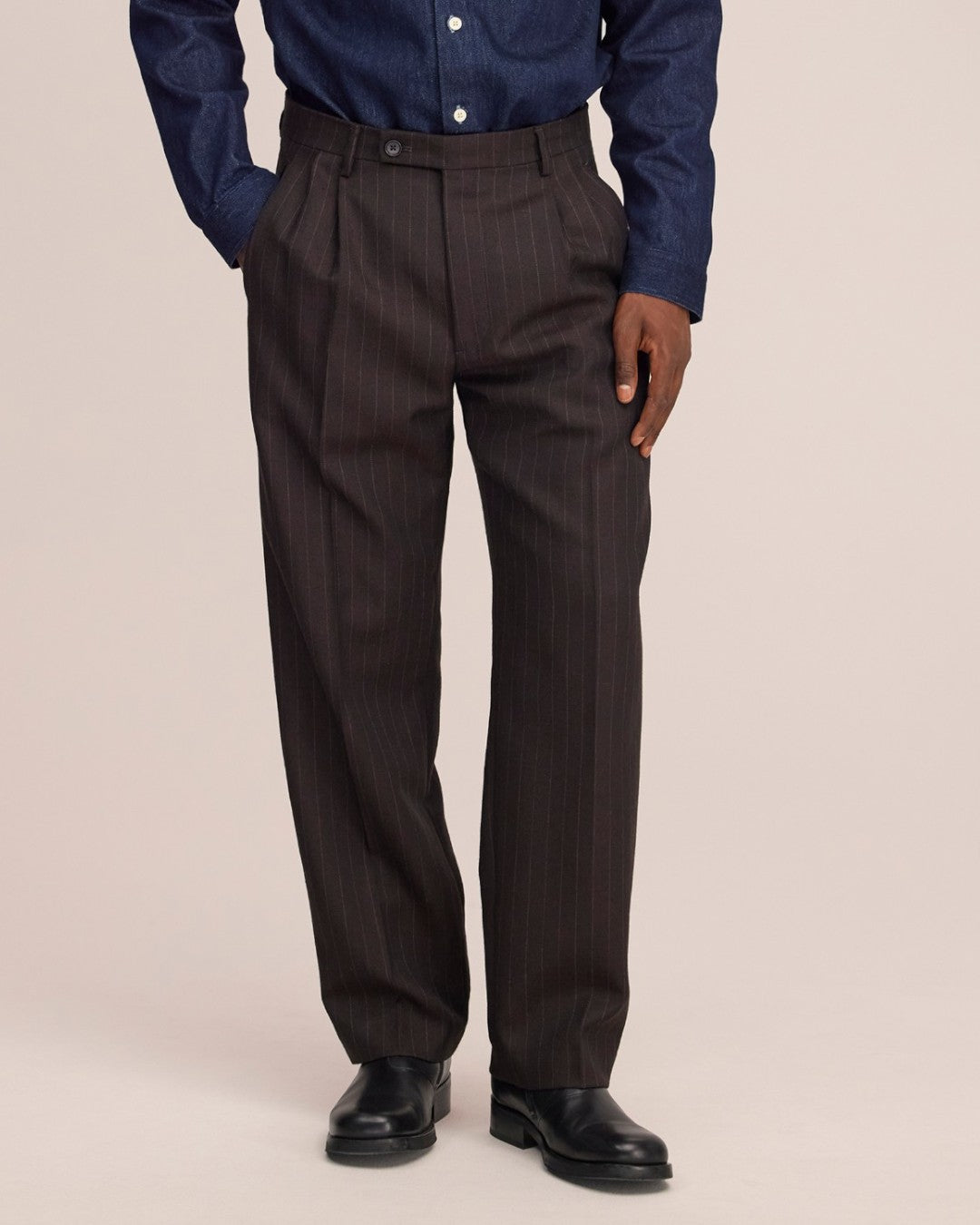 Robin Twill Relaxed Fit Double Pleated Pinstripe Trousers Brown Stripe