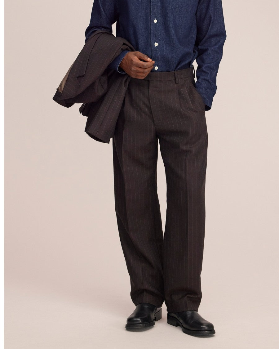 Robin Twill Relaxed Fit Double Pleated Pinstripe Trousers Brown Stripe