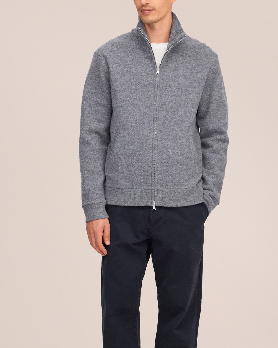 Boiled Merino Wool Full Zip Overshirt Dark Grey Melange