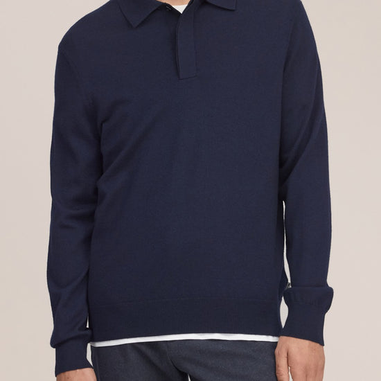Emerson Polo Merino Wool Hidden Button Regular Fit Pullover Navy Blue