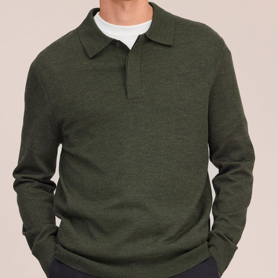 Emerson Polo Merino Wool Hidden Button Regular FIt Pullover Dark Army
