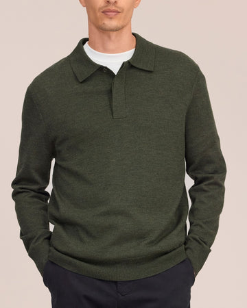 Emerson Polo Merino Wool Hidden Button Regular FIt Pullover Dark Army