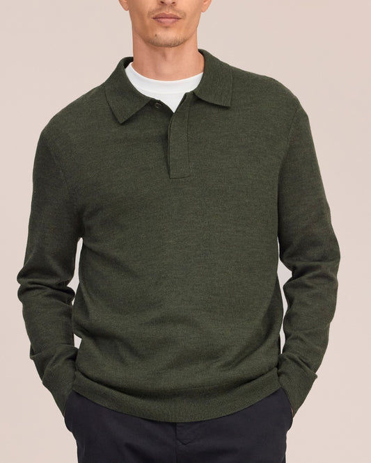 Emerson Polo Merino Wool Hidden Button Regular FIt Pullover Dark Army