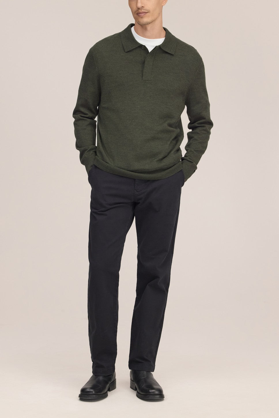 Emerson Polo Merino Wool Hidden Button Regular FIt Pullover Dark Army