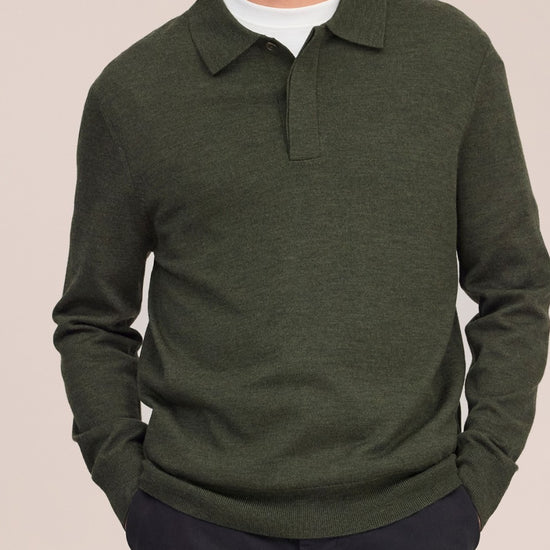 Emerson Polo Merino Wool Hidden Button Regular FIt Pullover Dark Army
