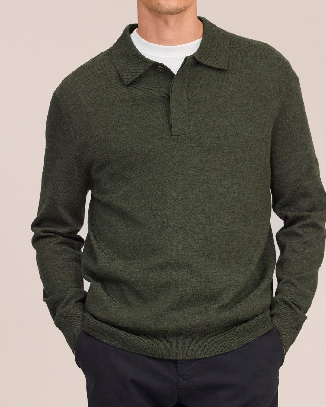 Emerson Polo Merino Wool Hidden Button Regular FIt Pullover Dark Army