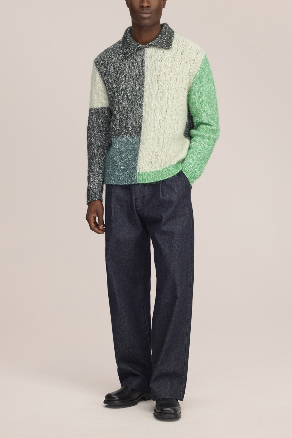 Erling Cable Alpaca Wool Blend Cable Knit Pullover Green Check