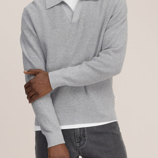 Hope Rib Cotton Cashmere Blend Open Polo Collar Pullover Grey Melange