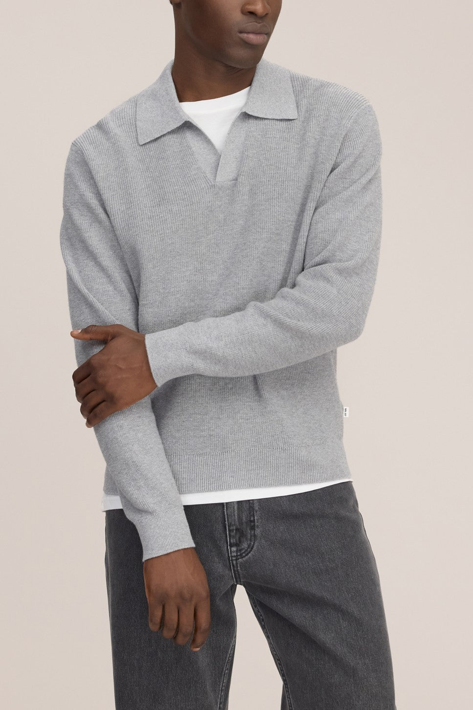 Hope Rib Cotton Cashmere Blend Open Polo Collar Pullover Grey Melange